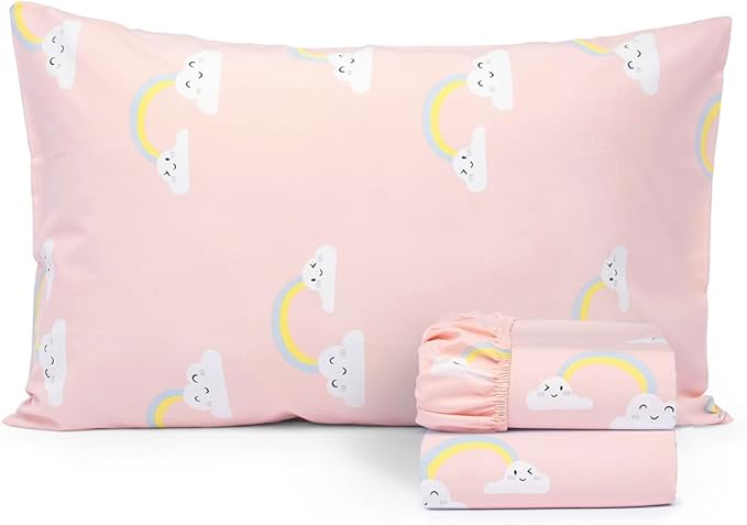 Salt Earth 100% Cotton 210TC Kids Bedsheet, Twin Sheets Set for Toddler Bed, 3 Piece Bedding Set Including Flat Sheet, Fitted Sheet, and Pillowcase, Themed Cute Sheets for Playful Kids Bed(Rainbow)