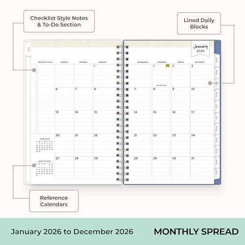 Blue Sky Day Designer 2026 Weekly and Monthly Planner Calendar, January 2026 - December 2026, 5" x 8", Flexible Cover With Zip Pouch, Durable Twin Wire Binding, Storage Pocket, Includes Stickers, Serenity Tile Blue