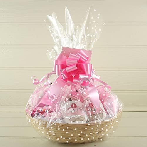Giiffu Clear Cellophane Wrap Roll (34 in x 148 ft)-Cellophane Roll for Gift Basket, White Polka Dot Wrapping Paper, 3 Mil Thick Plastic Hampers Gift Wrap for Flower Bouquet, Basket, Treats, Crafts