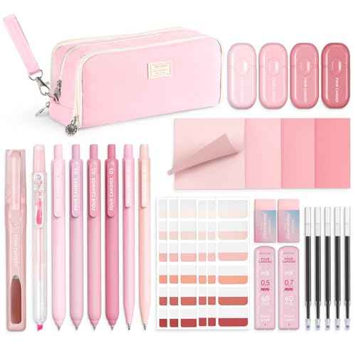 Four Candies Pink School Supplies with Case, Gel Pens with Black Ink, Correction Tapes, Pastel Highlighters, Mechanical Pencils, Sticky Notes, Index Post for Bible Study Stationary College Essentials