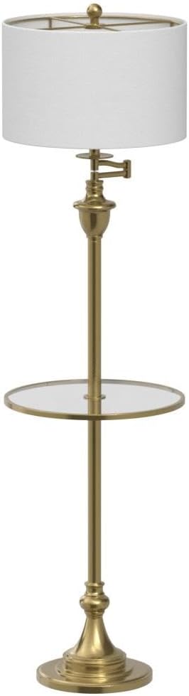 JONATHAN Y 60" Brass Gold Floor Lamp with Integrated Glass Side Table, Modern Swing Arm Standing Lamp for Living Room, White Linen Shade, LED Bulb Included JYL3055A