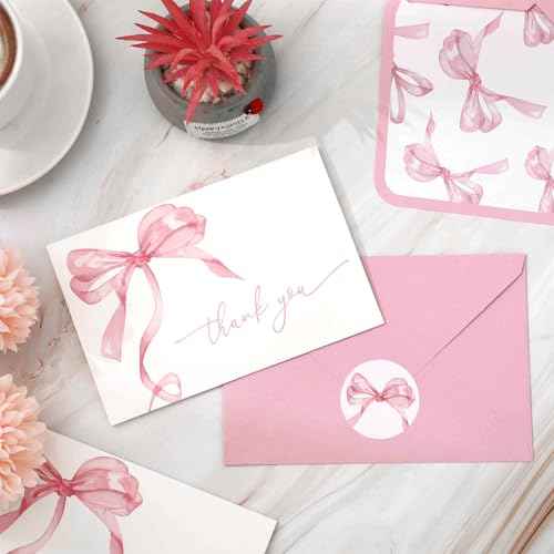 Whaline 24Pcs Pink Bow Thank You Cards with Envelopes and Stickers Watercolor Bow Greeting Cards Pink Blank Note Cards for Wedding Birthday Bachelorette Baby Shower Party Supplies