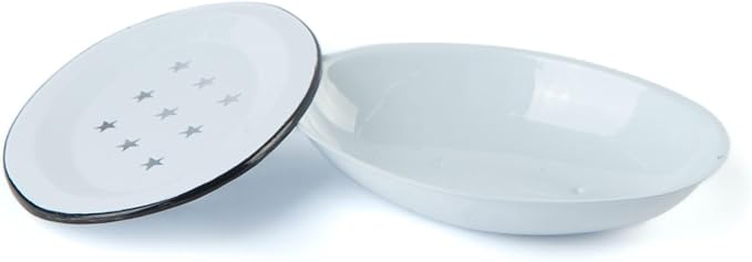Vintage Enamel Soap Dish with Drip Tray | White with Black | Farmhouse Style Bathroom Bowl | Oval 5.5 x 4 inch