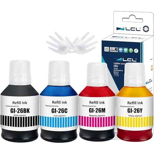 LCL GI-26 GI26 Ink Bottles Replacement for Canon 26 GI26 GI-26 Ink Refill Bottles Compatible with Canon MAXIFY GX7021 GX6021 GX7020 GX6020 GX5020 GX4020 GX3020 Printer (4-Pack,KCMY)