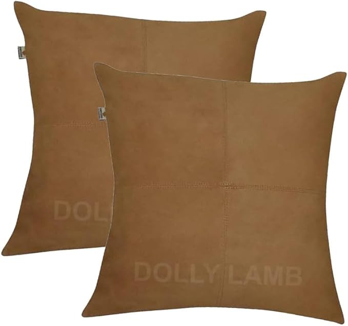 D DOLLY LAMB Lambskin Leather Pillow Cover - Sofa Cushion Case - Decorative Throw Covers for Living Room & Bedroom, 22x22 Inches - Camel Pack of 2