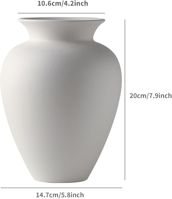 Large White Ceramic Flower vase, Modern Centerpiece Table Decorations,Round Shape Rustic Ceramic vases for Home Decor Dining Room (White, 0620)