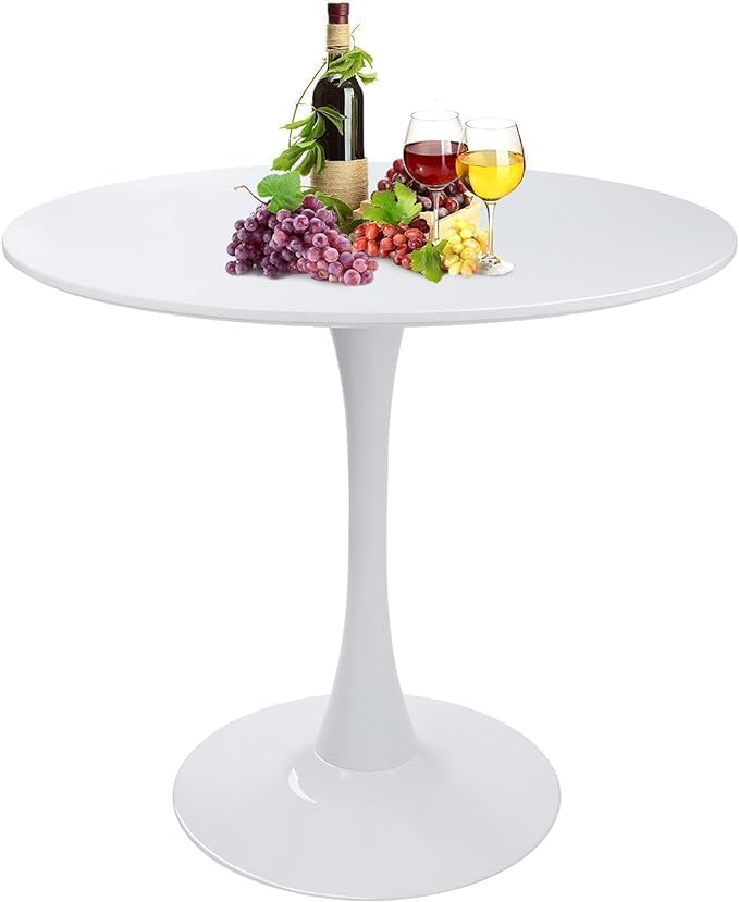 Round White Dining Table Modern Kitchen Table with Pedestal Base in Tulip Design, Mid-Century Leisure Table for 2 to 4 Person，for Kitchen, LivingRoom, Office, Cafe (23.6 x 23.6 x 28.7 inches)