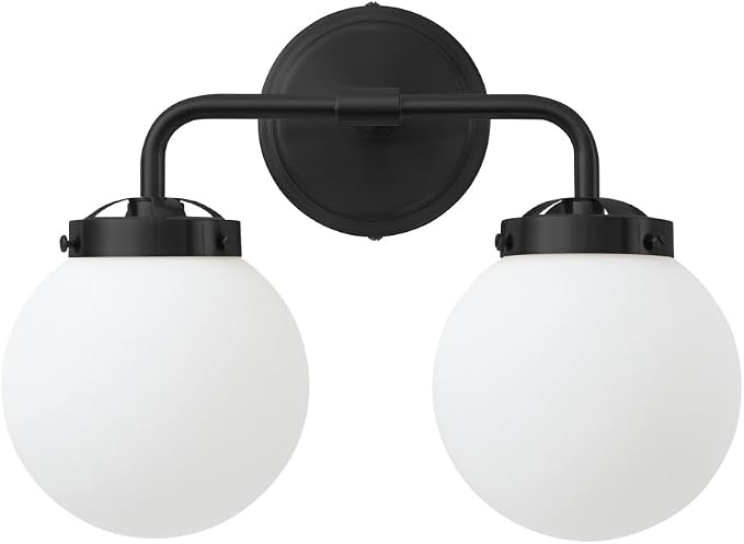 Black Bathroom Light Fixtures Over Mirror, Modern Vanity Lighting with Milk White Glass Globe Shades 2-Light Farmhouse Wall Sconce