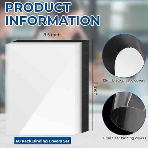 60 Pack 8.5x11 Inches Binding Covers and Backs Set, Letter Size Quality Un-Punched Report Covers, 30 Pcs 10mil Clear Binding Covers 30 Pcs 12mil Black Plastic Covers for Home Office School