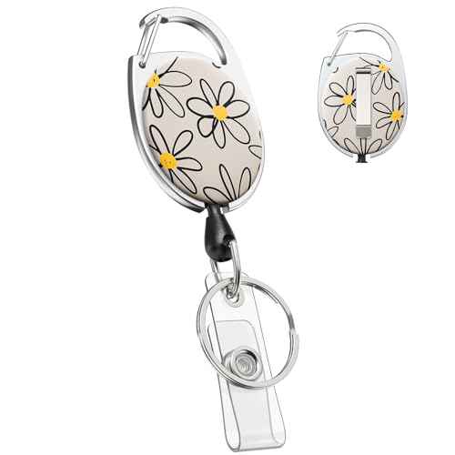 Uniclife Floral Retractable Badge Reel for Badge Holder White Flower Heavy Duty Retractable Keychain Strong ABS Casing with Stainless Steel Spring Coil 24 Inch Nylon Rope Carabiner Clip and Key Ring