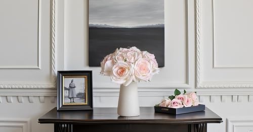 12-Piece Faux Real Touch Rose Bouquet in Ceramic Vase, Fake Flowers in Vase, Artificial Flowers for Home, Wedding, Bridal Bouquet, Party & Dining Table Centerpiece Decor (Pink Edge, 10" High)