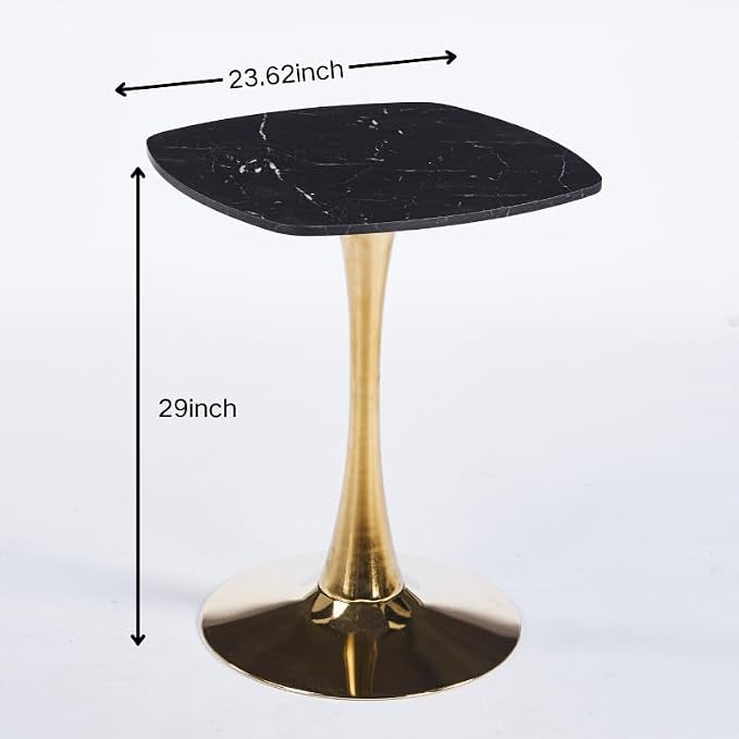 Square Tulip Dining Table 24 Inch for 2-4 People, Small Round Kitchen Table with Black MDF Top and Golden Metal Pedestal Base, Modern Bistro Table for Apartment Cafe Office Living Room