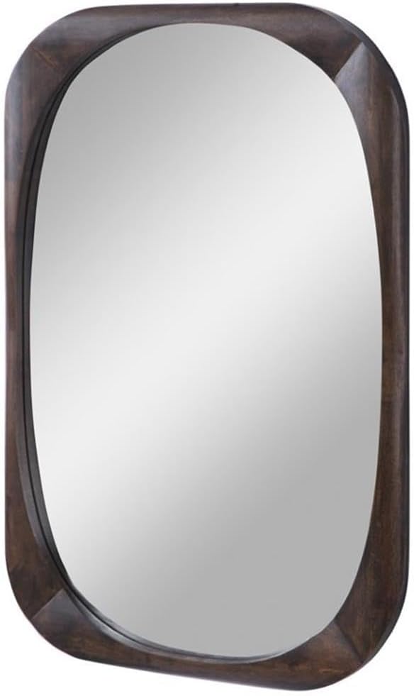 Allora Mid-Century Accent Mirror, 38" H x 26" W, Rubber Wood Frame, Dark Walnut Finish, Rounded Edges, Minimal Modern Design for Horizontal or Vertical Wall Hanging