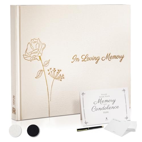 Revery Funeral Guest Book for Memorial Service - with Pen, Cards, Table Sign & Back Pocket, Guests Sign in Book in Loving Memory | Celebration of Life Memorial Service Guest Book, White Linen Cover