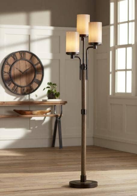 Franklin Iron Works Astoria Rustic Farmhouse Industrial Standing Floor Lamp Tree 3-Light 71" Tall Bronze Faux Wood Faux Tea Alabaster Glass for Cottage Core Living Room Reading House Bedroom Home