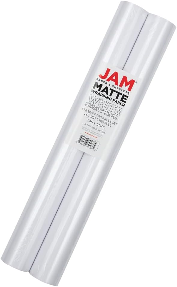 JAM Paper Gift Wrap - Matte Wrapping Paper - 52.6 Sq Ft Total (17 in x 18 Ft) - Matte White - 2 Rolls/Pack