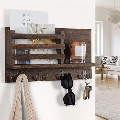 Wooden Key Holder | Rustic Wall Organizer with Hooks - Stylish Mail & Key Chain Storage