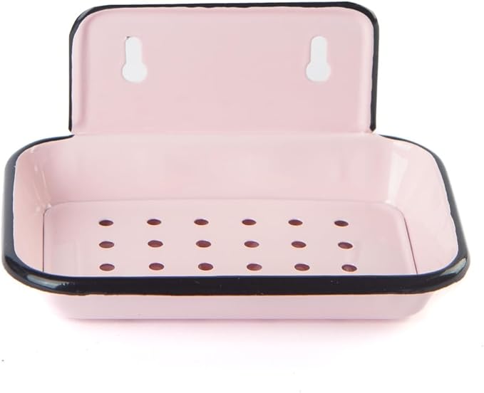 Enamel Soap Dish, Pink Wall Mount with Drip Tray- 5.5 x 4 inch - Vintage Farmhouse Style (Pink Wall Mount)