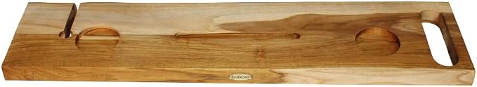 EcoDecors Eleganto 36" Live Edge Solid Teak Bath Caddy Tray with Handle, Book & Tablet Holder, Wine Glass Holders, Luxury Bathtub Tray