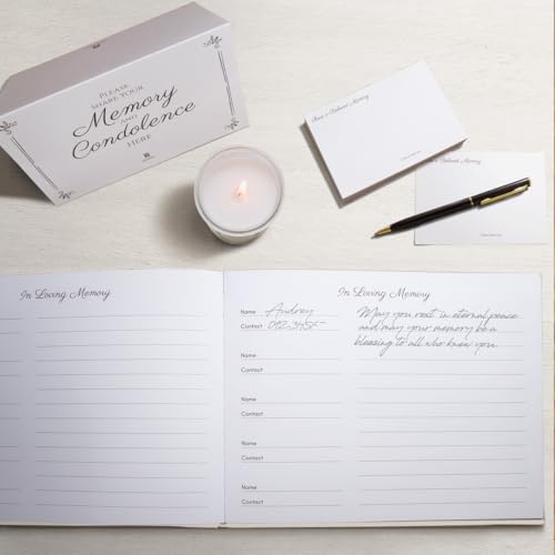 Revery Funeral Guest Book for Memorial Service - with Pen, Cards, Table Sign & Back Pocket, Guests Sign in Book in Loving Memory | Celebration of Life Memorial Service Guest Book, White Linen Cover