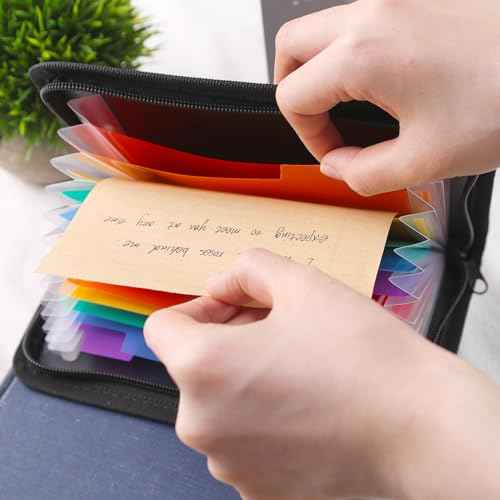 Koogel Expanding File Folder, 13 Pockets Small Accordion File Holder Organizer with Labels for Receipt Cards, Document, Zipper Closure, Bill Business, Coupons Storage, Classroom, 8.3X5.1 Inches, Black