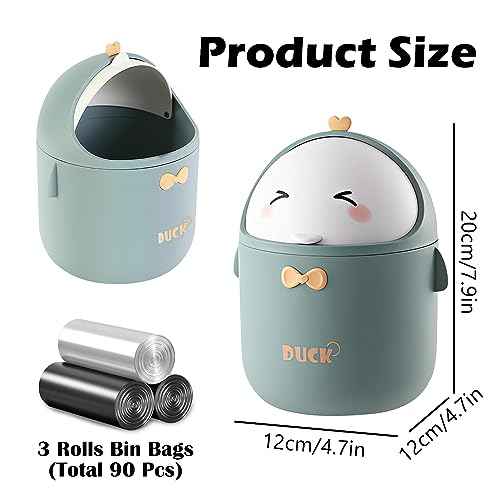 Cute Desktop Trash Can Wastebasket with 90 Trash Bags, Creative Mini Countertop Garbage Can with Lid, Small Plastic Storage Bin for Home Kitchen Dressing Office Kids Bedroom(Green)