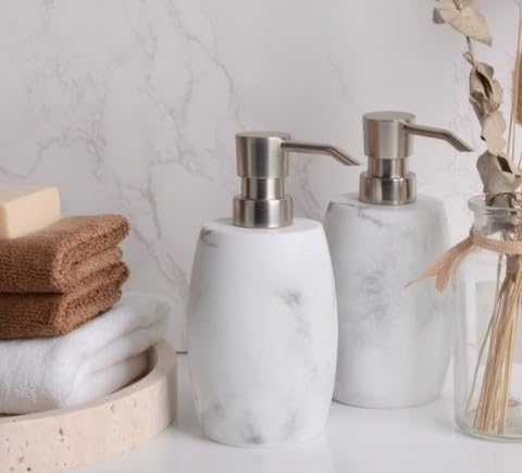 Clasin Home Resin Soap Dispenser Set 2, Refillable Hand Soap Dispenser with White Marble Look and Metallic Pump, Kitchen, Bathroom, Waterproof Labels (12 Oz)