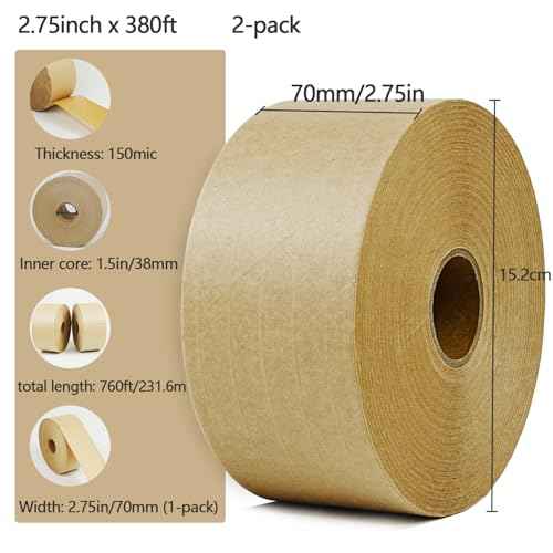 CHUANGSEED 2-Pack Reinforced Water Activated Gummed Kraft Paper Tape, 2.75 inch x 380 ft, Total 760ft,for Heavy Duty Secure Packing and Shipping Writable Eco-Friendly Biodegradable