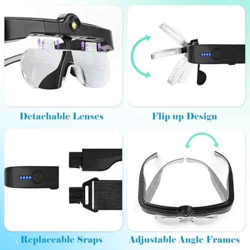 Magnifying Glass with Lights, Headband Hands Free Magnifying Glasses for Close Work, Flip-up Magnifier with 3 Color Temperature, 1.5X to 5.0X Lenses for Jewelry Crafts Soldering Repair (Black)