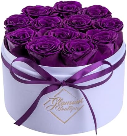 GLAMOUR BOUTIQUE Flower Forever Gift Box 12 Real Preserved Roses in Round Velvet White Box, Handmade, Rose Petals, Birthday, Marriage, Anniversary, Graduation - Purple