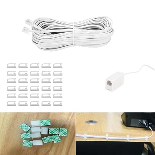 Skiennix 100 Feet Telephone Extension Cord - Standard RJ11 Plug with 1 Coupler & 30 Cable Clips | White