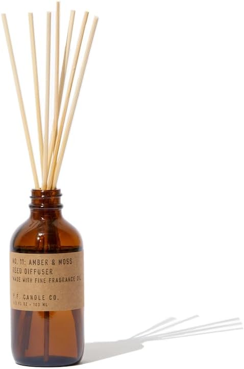 P.F. Candle Co. Amber & Moss Classic Scented Rattan Reed Diffuser (3.5 fl oz) Amber Glass Jar, Fine Fragrance Oil, Flame-Free Fragrance, Made in The U.S.A.