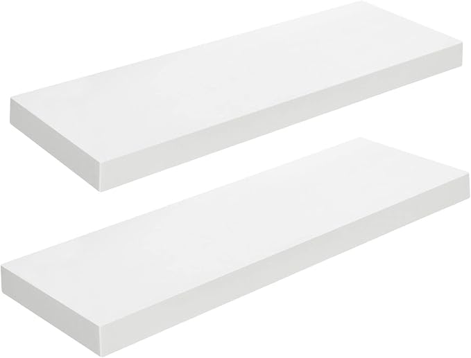 HOOBRO Floating Shelves for Wall, Wall Mounted Shelf Set of 2, 23.6" Hanging Shelf with Invisible Brackets, for Wall Decor Storage in Bathroom Bedroom Kitchen Living Room Office, White WT60BJ01