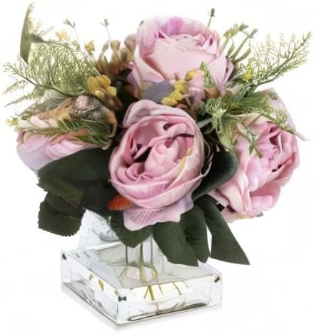 ENOVA FLORAL Artificial Flower Arrangement with Vase,Mixed Artificial Fake Silk Peony Flower in Vase for Decoration Home Office, Wedding Centerpiece (Light Pink)