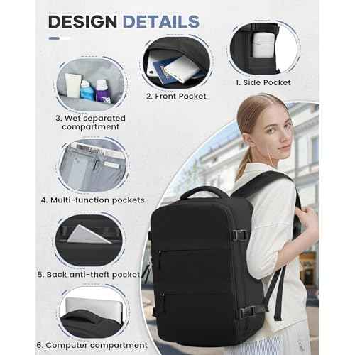 Vacuum Travel Backpack with Pump Women,Personal Item Carry on Backpacks Flight Approved 18x14x8 inches Men,Laptop Waterproof Work Compression bags Casual Daypack Mochila de Viaje Compresion al Black