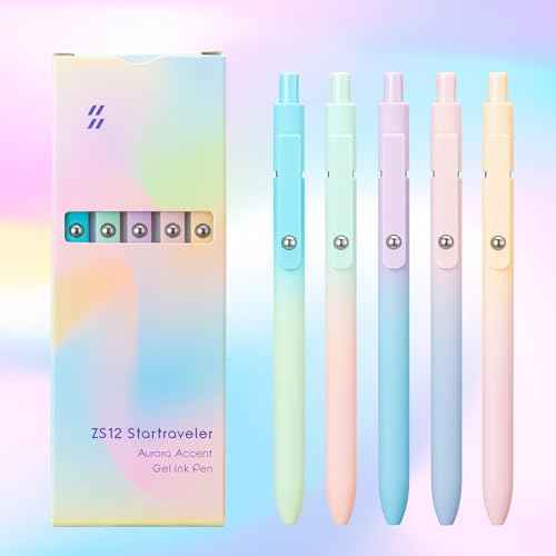5PCS Retractable Gel Pens Set, Quick Dry Black Ink Fine Point Soft Touch Roller Ball Gel Ink Pen for Smooth Writing (Aurora Color)