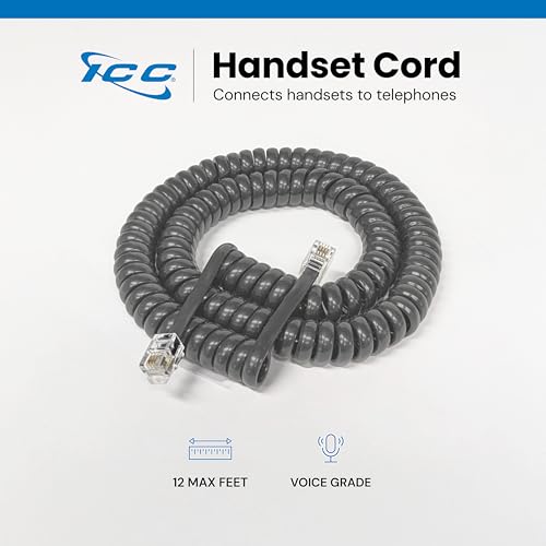 ICC Telephone Handset Cord/Phone Cord, 12 Ft ? RJ9 (RJ22) Connectors, Dim Gray, 10-Pack ? Curly Coiled Tangle-Free Design for PBX & VoIP Phones
