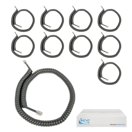 ICC Telephone Handset Cord/Phone Cord, 12 Ft ? RJ9 (RJ22) Connectors, Dim Gray, 10-Pack ? Curly Coiled Tangle-Free Design for PBX & VoIP Phones