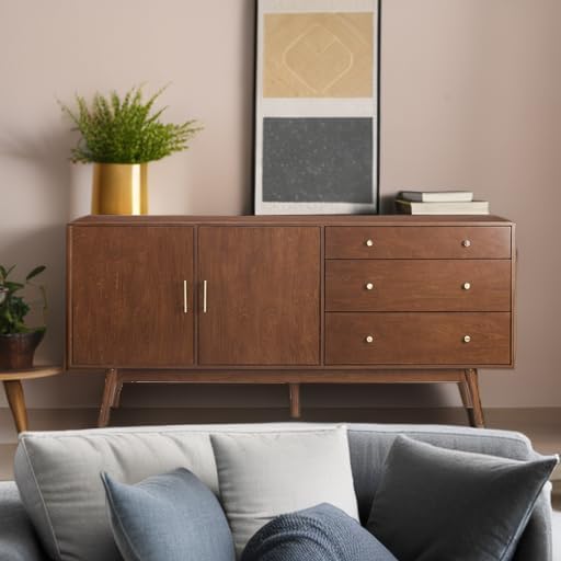 Walker Edison Mid-Century Modern Wood Kitchen Buffet Sideboard Entryway Serving Storage Cabinet Doors Dining Room Console, 70 Inch, Walnut