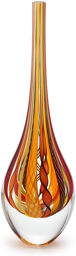 Ca D Oro Small Drop Glass Vase Boho with Red/Yellow Canes Hand Blown Murano-Style Art Glass - Model Tall