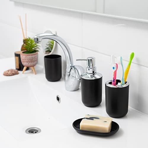 Moss & Stone 6-Piece Bathroom Accessories Set – Black Plastic Bathroom Set with Soap Dispenser, Toothbrush Holder, Cup & Soap Dish – Modern Countertop Bathroom Decor