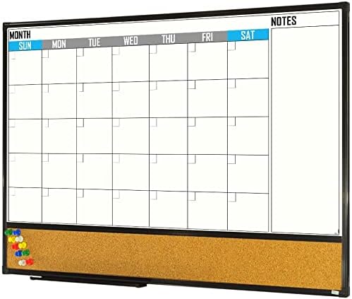 XBoard Dry Erase Calendar | 36" x 24" Magnetic Whiteboard & Corkboard Combo with Push Pins & Marker Tray
