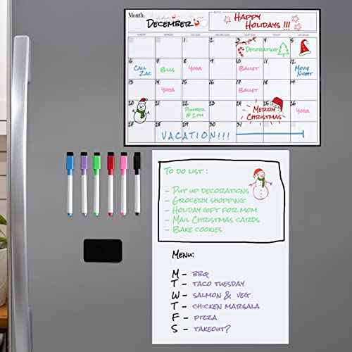 Magnetic Dry Erase Fridge Calendar and Whiteboard Bundle for Fridge: 2 Boards - 17"x12" - 6 Fine Tip Markers and Large Eraser with Magnets - Monthly Magnetic Whiteboard for Fridge - Fridge Whiteboard