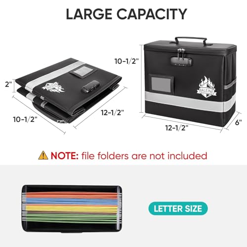 BALEINE Fireproof Document Box with Lock, Portable Fireproof Document Bag Waterproof Fire Proof File Boxes for Documents, File Organizer Box for Important Paperwork (Black, 12.5''x10.5''x6'')