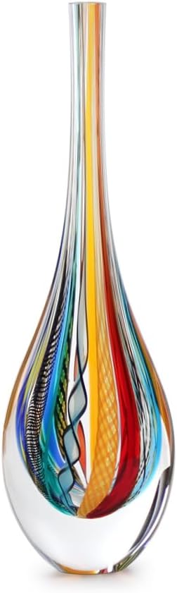 Ca D Oro Small Drop Glass Vase Boho with Colored Canes Hand Blown Murano-Style Art Glass - Model Tall