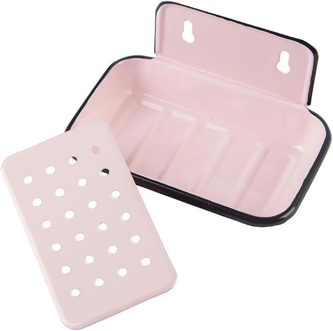 Enamel Soap Dish, Pink Wall Mount with Drip Tray- 5.5 x 4 inch - Vintage Farmhouse Style (Pink Wall Mount)