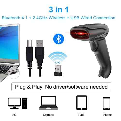 Bluetooth Barcode Scanner with Stand,Alacrity 1D Hands-Free Automatic Scanning 3-in-1 Connections Bluetooth&USB Wired&2.4GHz Wireless Barcode Reader,Work with Windows,Mac,Android,Linux,iOS