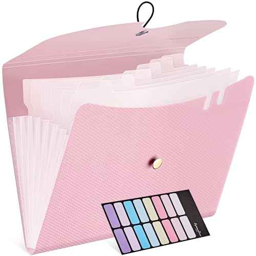 JARLINK 7 Pockets Expanding File Folder, A4 Size Accordion File Folders with 12 Labels, Cute Paper Organizer, Portable Document Organizer for Home College School Office Supplies, Macaron Pink
