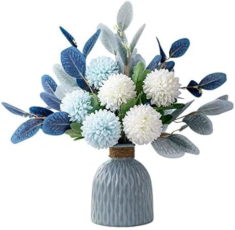 Artificial Flowers and Vases,Fake Hydrangea with Eucalyptus Bouquet Combination, Realistic Dining Table, Living Room Home Decoration （Blue）
