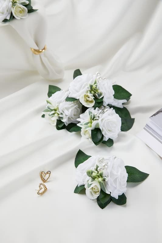 Meldel Boutonniere for Men Wedding Floral Shoulder Corsages, Set of 2,Groomsmen White Artificial Boutonnieres for Men Wedding Prom Best Man Corsage, Bride Bridal Bridesmaid Girl Prom Shoulder Flowers